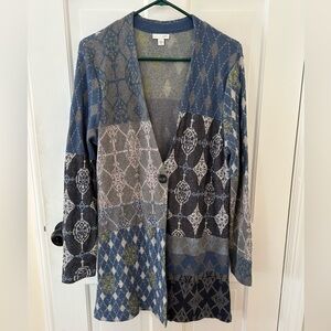 J JILL BLUE ARGYLE PATCHWORK CARDIGAN SWEATER W/ SINGLE BUTTON SIZE MED